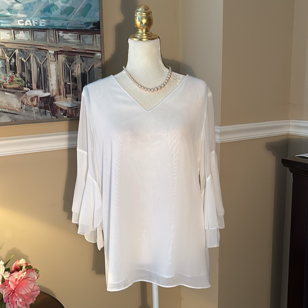 White NWOT sheer lined blouse with bell sleeves!